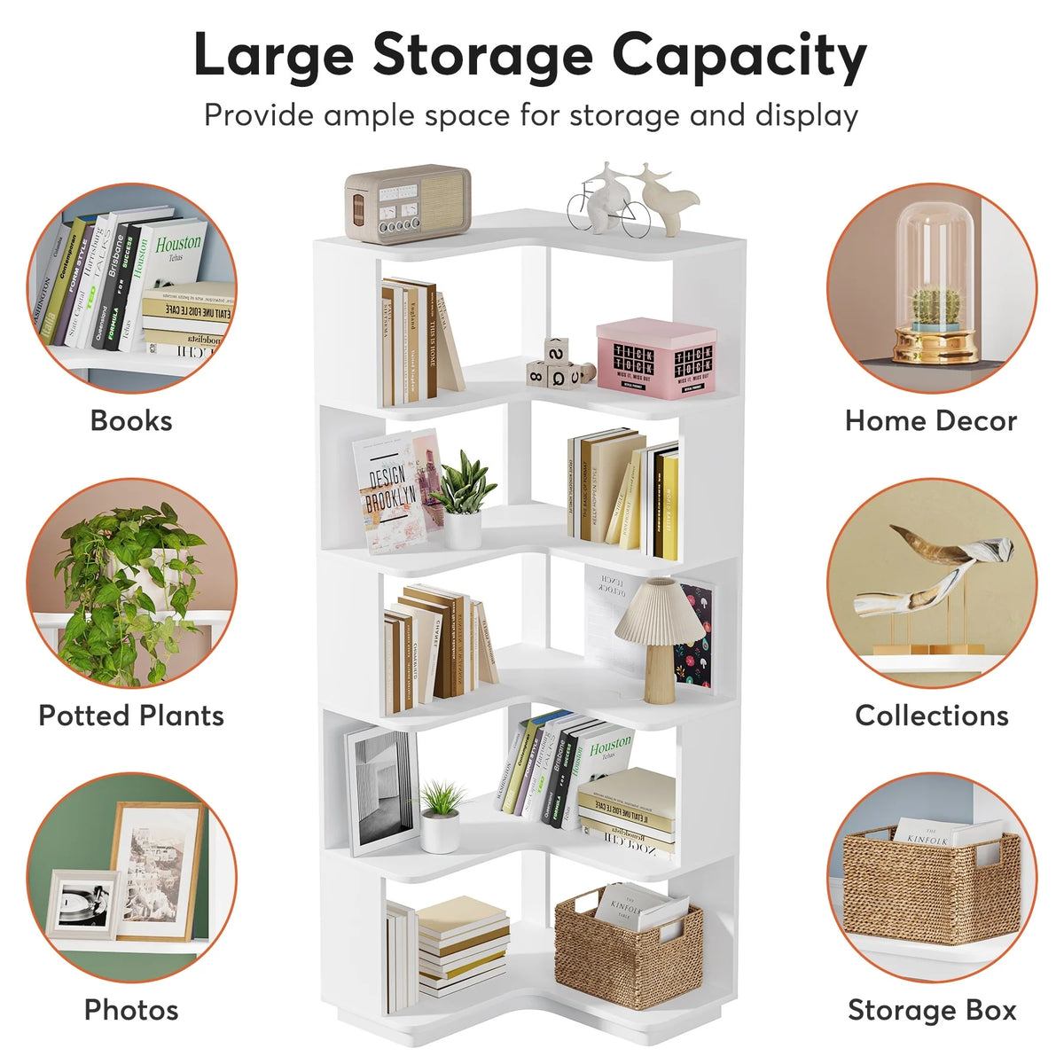 64.9 Inch Tall 6-Tier Corner Bookshelf, Freestanding Wood Industrial Bookcase