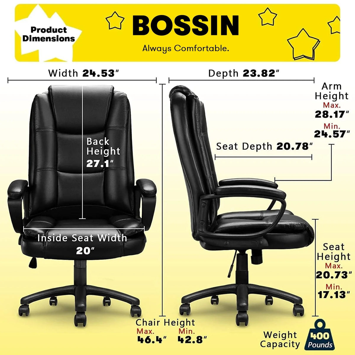 Big and Tall Executive Office Chair, High Back Ergonomic Leather Chair, 400 lb Capacity