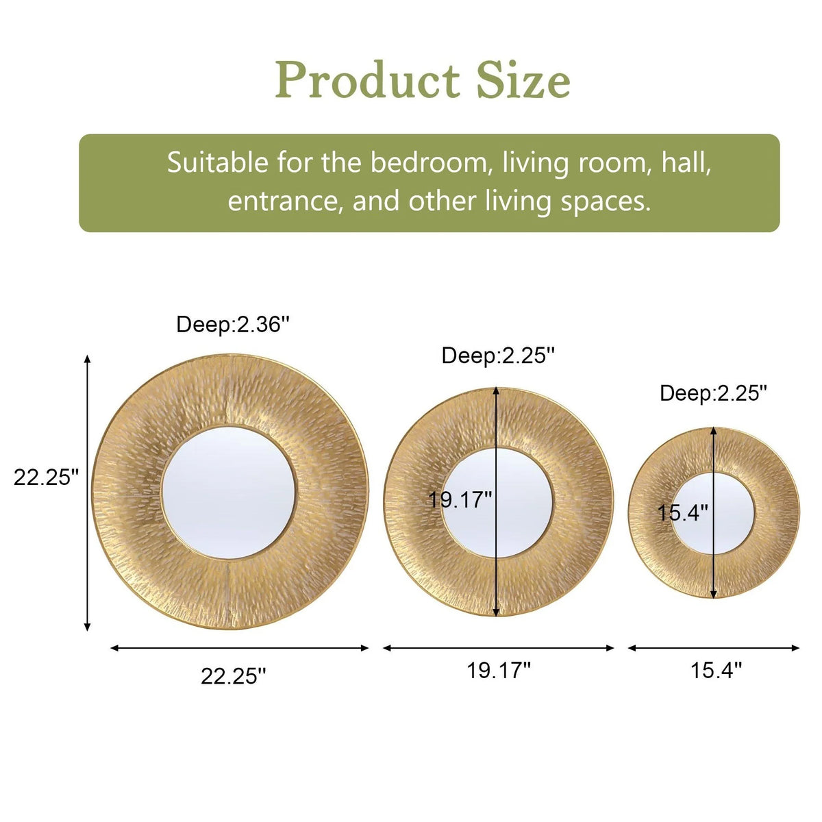 3-Piece Gold Metal Round Wall Mirror Set, 22.25" Diameter x 2.36" Deep, Decorative Wall Mirrors
