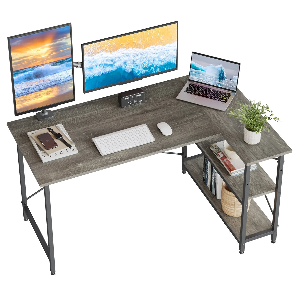 Small L Shaped Computer Desk with Storage Shelves, Compact Corner Workstation for Home Office and Study