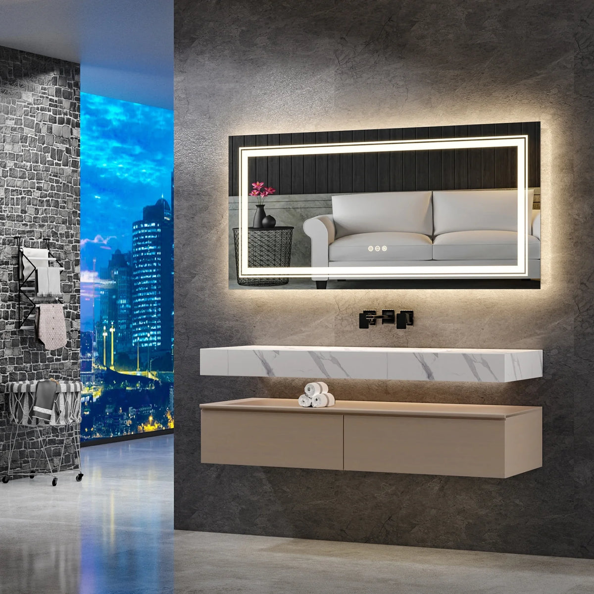 Extra Large LED Lighted Bathroom Mirror, Anti-Fog Wall Mounted Vanity Mirror with 3 Colors