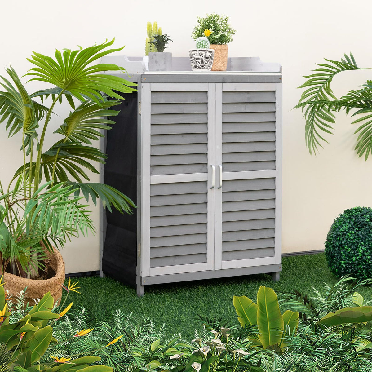 Outdoor Potting Workbench with Metal Tabletop, Garden Storage Cabinet for Patio