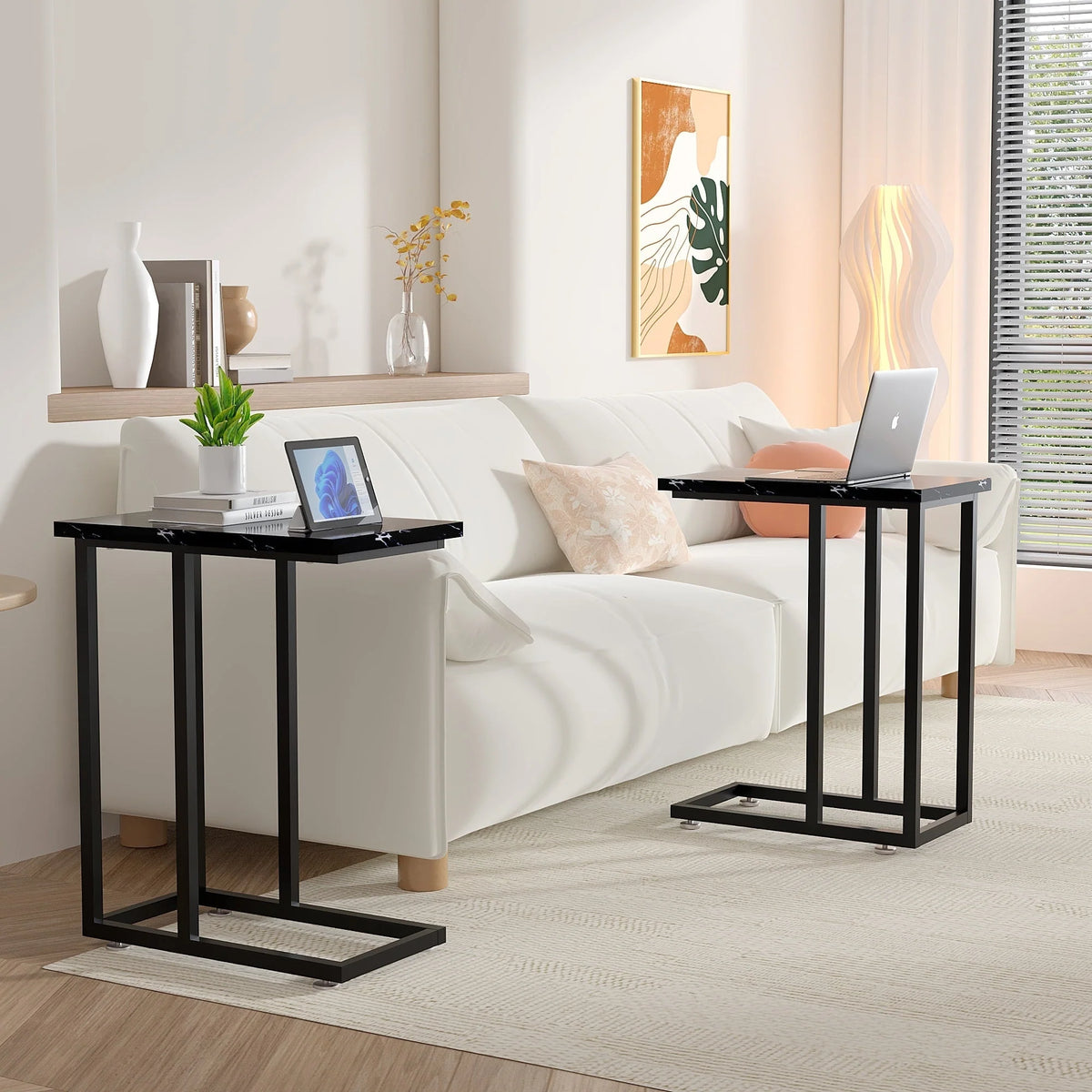 Set of 2 C-Shaped Sofa Side Tables, Small End Tables for Living Room, Bedside and TV Tray