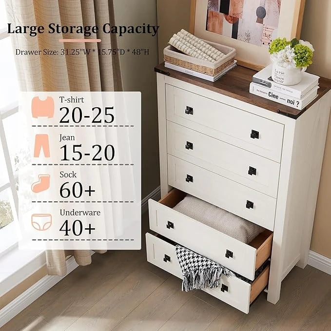 48 Inch Tall Farmhouse Wood Dresser, 5 Drawer Chest of Drawers for Bedroom