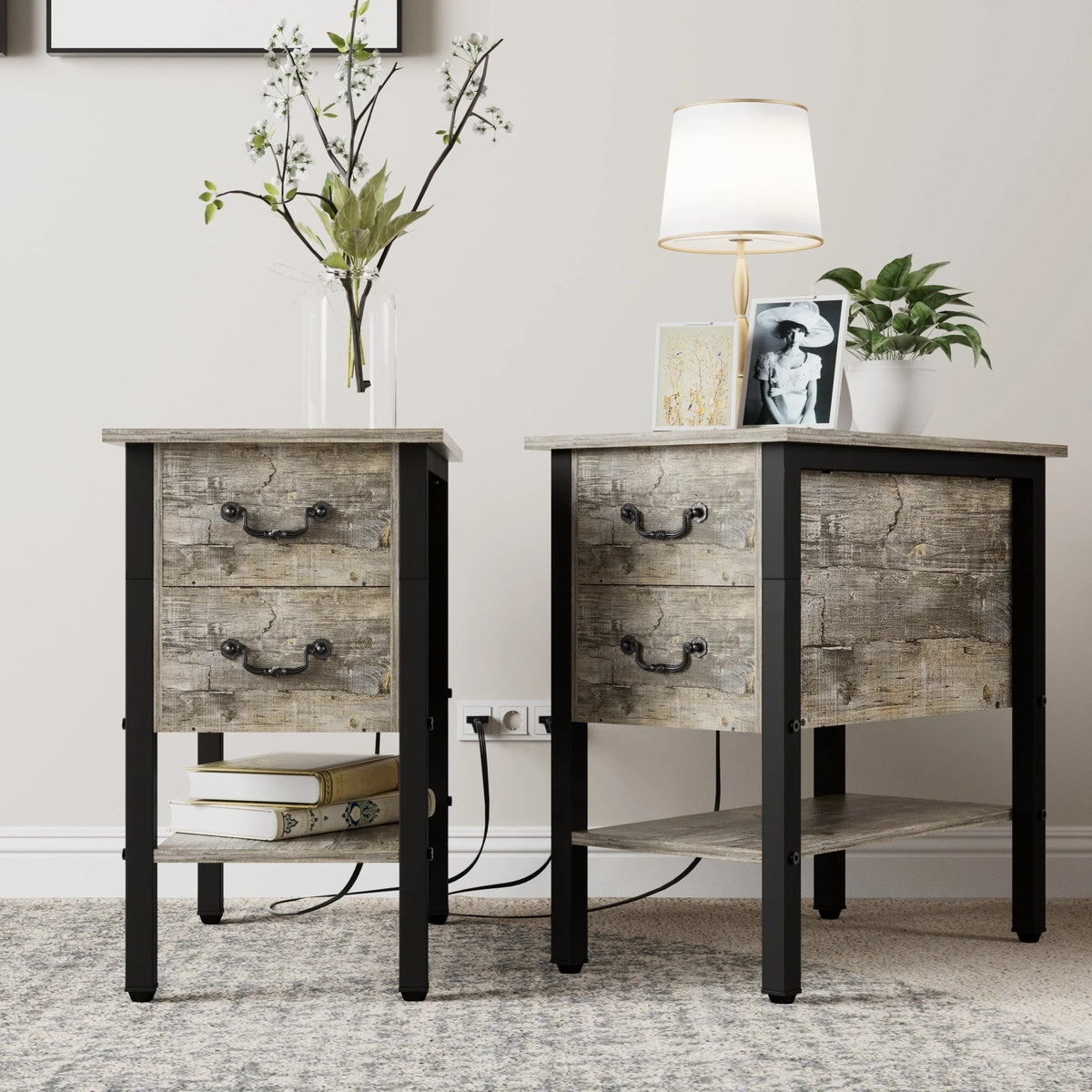 Narrow End Table with Charging Station, Chairside Table with Drawers, USB Ports and Power Outlets
