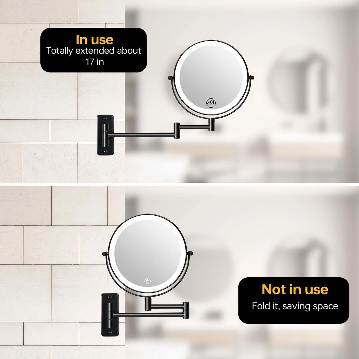 8 Inch Round Wall Mounted Makeup Mirror, Rechargeable, 1X/10X Magnification, 3-Color LED Lights
