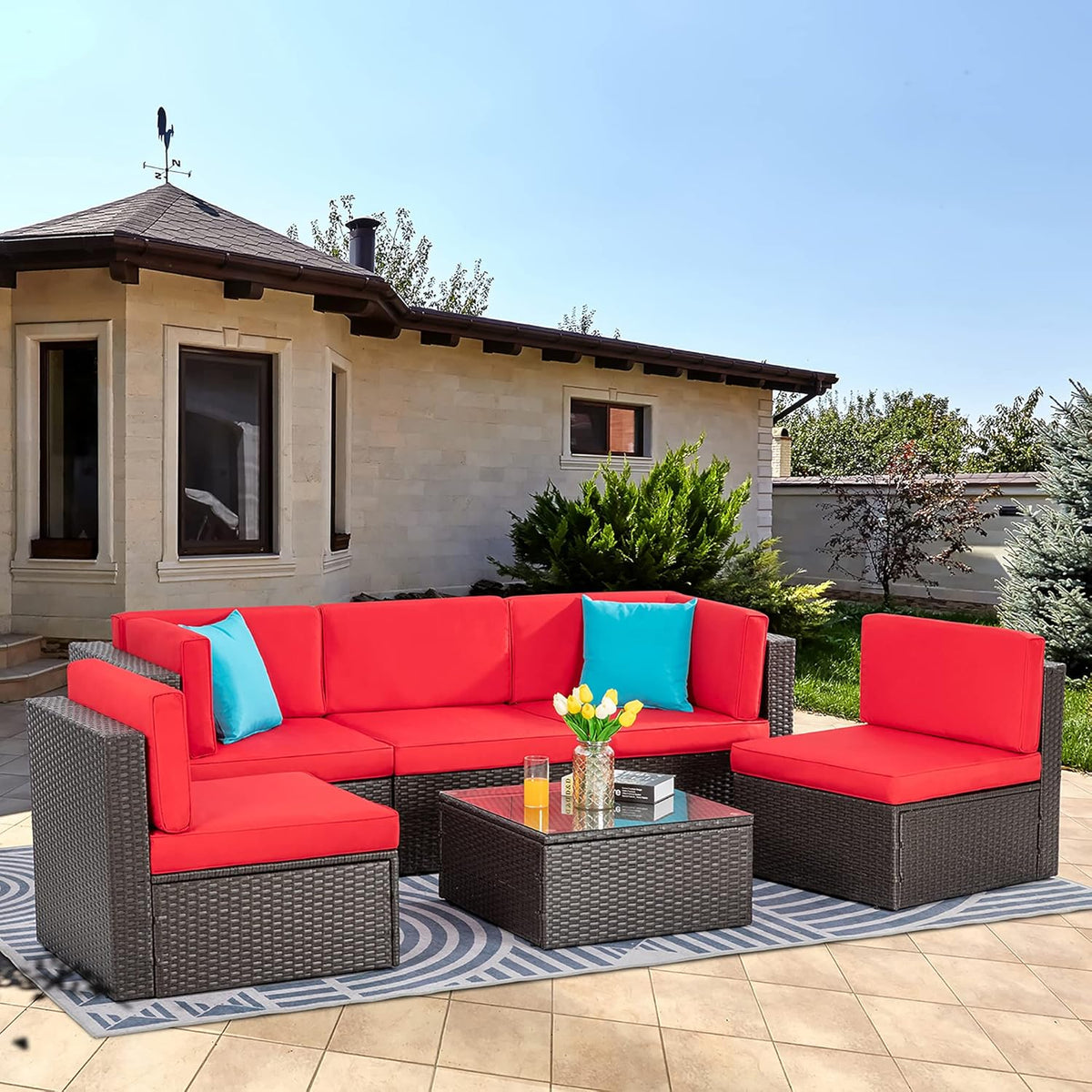 5-Piece All-Weather Patio Furniture Set with Ottoman, Outdoor Wicker Conversation Sofa Set with Cushions for Garden, Deck & Backyard