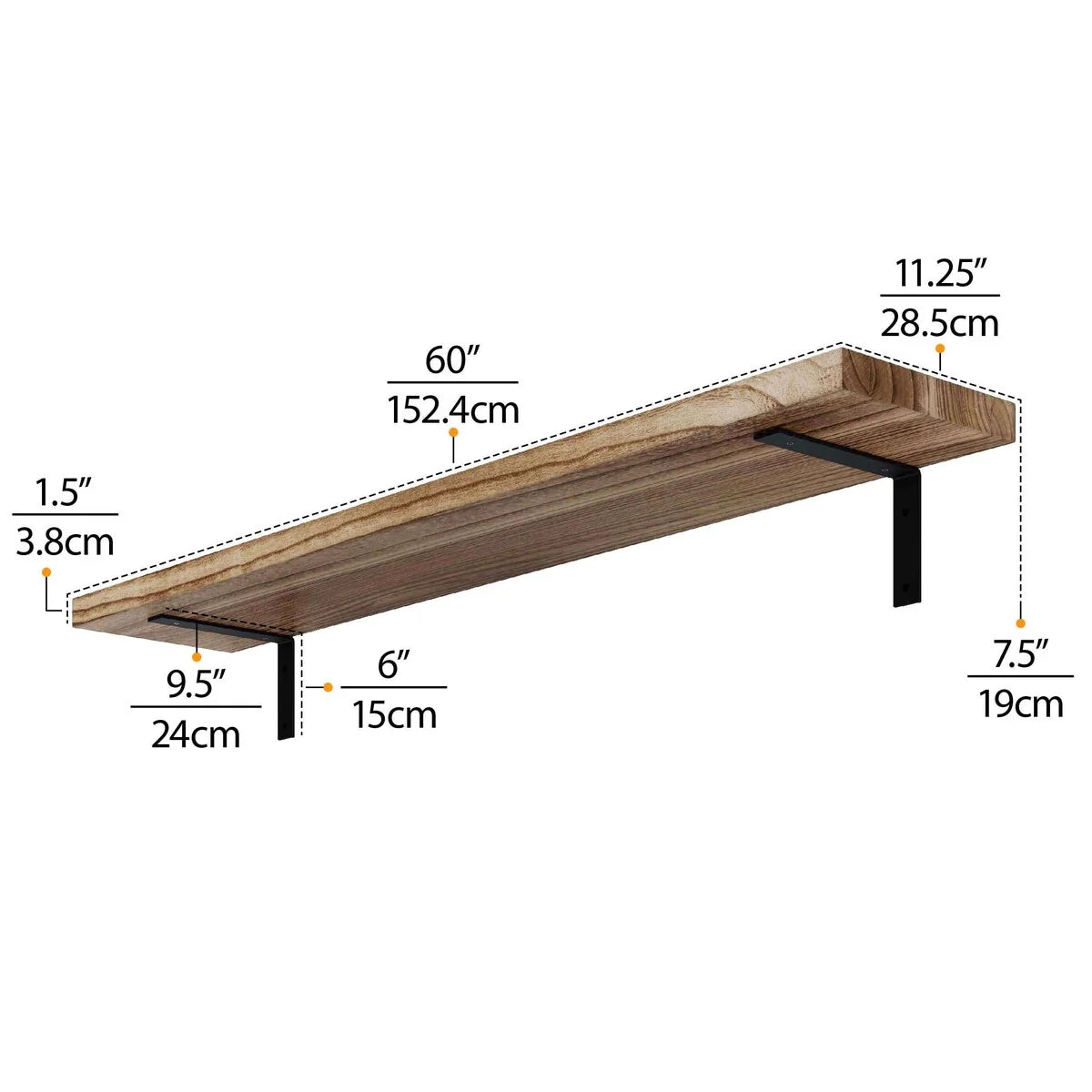60 Inch Rustic Floating Wall Shelves, 2 Piece Burnt Wood Display and Storage Shelves