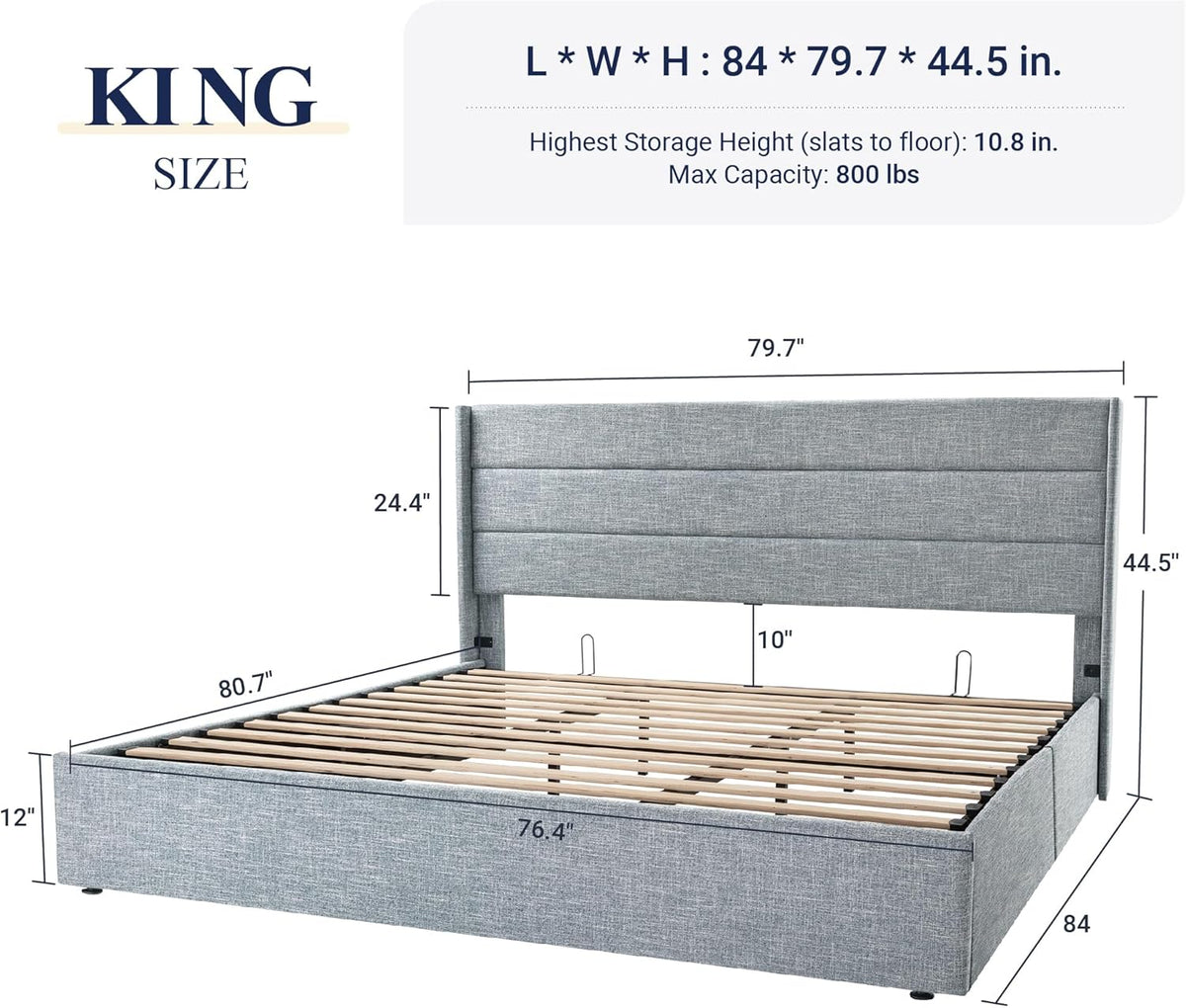 Queen Size Lift Up Storage Bed with Wingback Headboard, Upholstered Platform Bed Frame with Hidden Storage