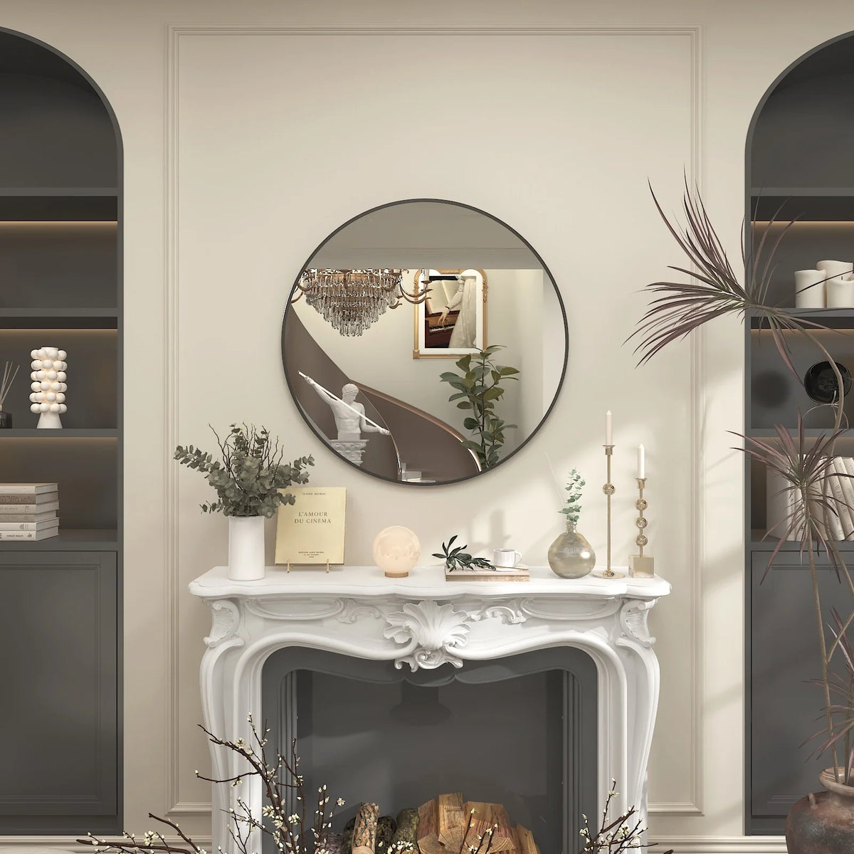 Round Metal Black Frame Bathroom Vanity Mirror, Wall Mounted Decorative Mirror