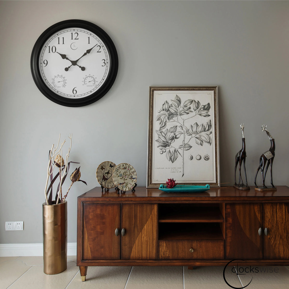 Large Outdoor Wall Clock with Thermometer, Waterproof Silent Garden Weather Station, Black