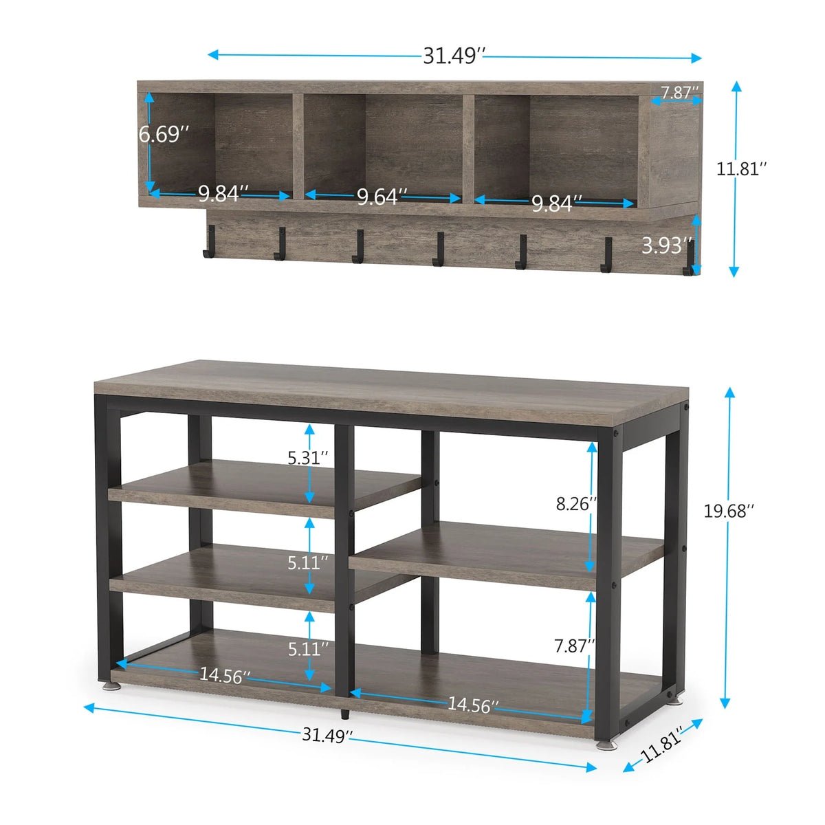 Entryway Coat Rack and Shoe Bench Set, Industrial Hall Tree with Coat and Shoe Storage