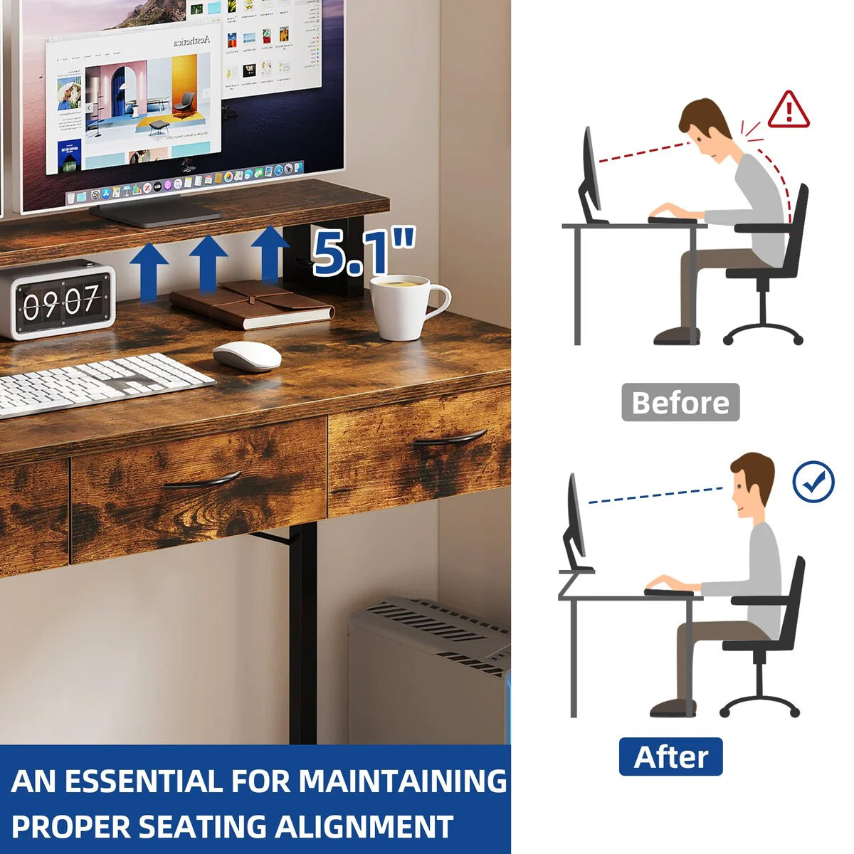 Small Computer Desk with Fabric Drawers and Monitor Stand, Compact Home Office Workstation for Small Spaces