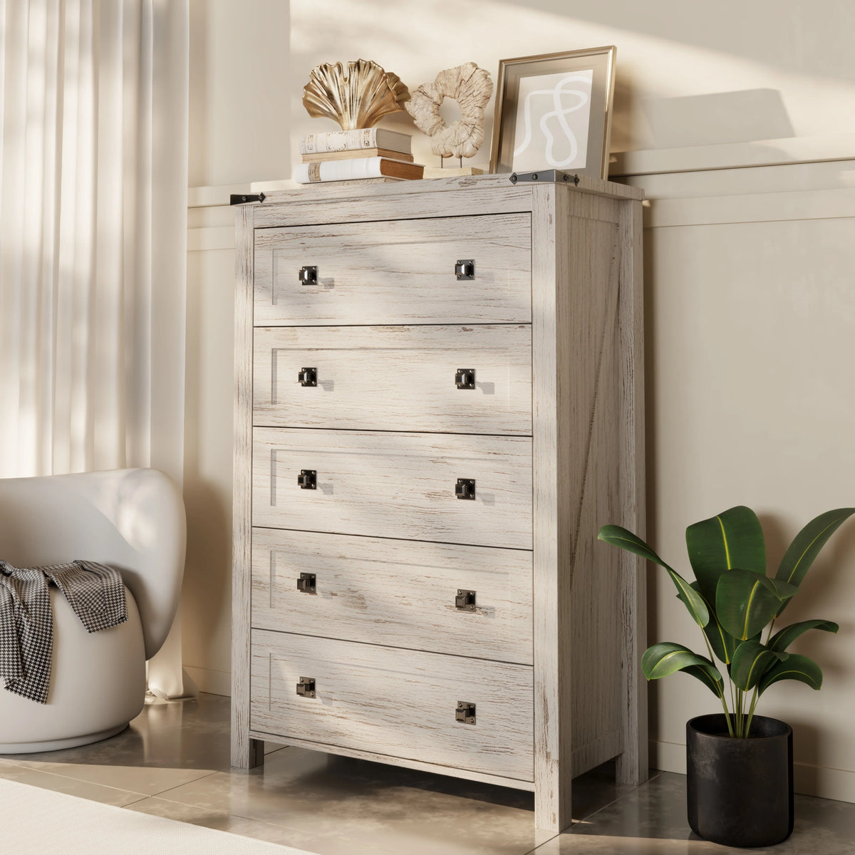 48 Inch Tall Farmhouse Wood Dresser, 5 Drawer Chest of Drawers for Bedroom