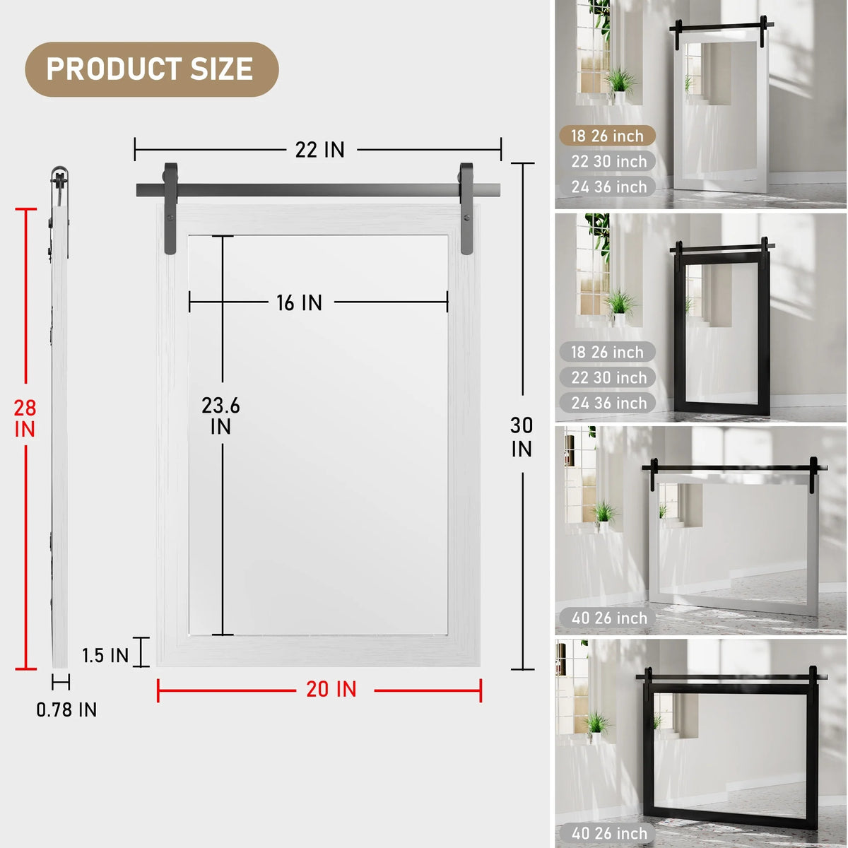 Modern Rectangular Wall Mirror with Wood Frame, Bathroom and Barn Door Mirror, Multiple Sizes