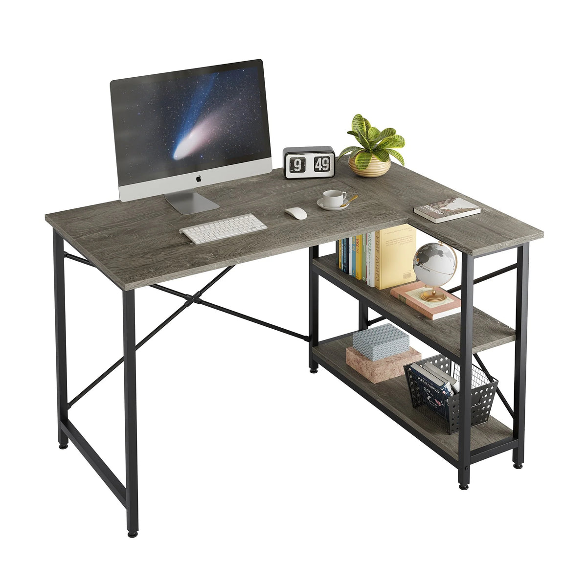 Small L Shaped Computer Desk with Storage Shelves, Compact Corner Workstation for Home Office and Study