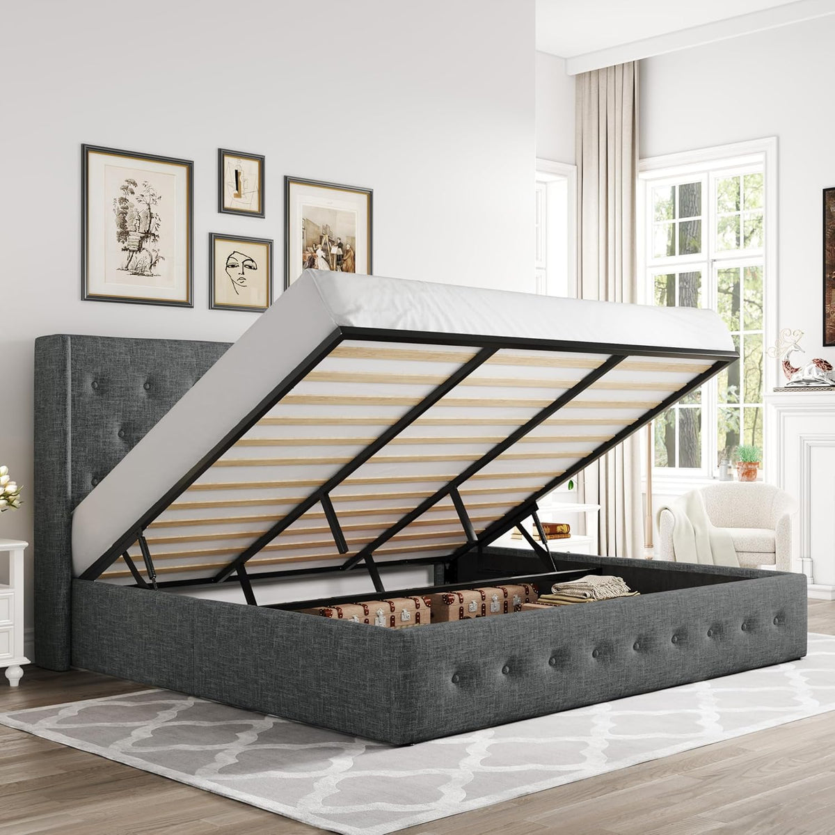 Queen Size Lift Up Storage Bed with Wingback Headboard, Upholstered Platform Bed Frame with Hidden Storage