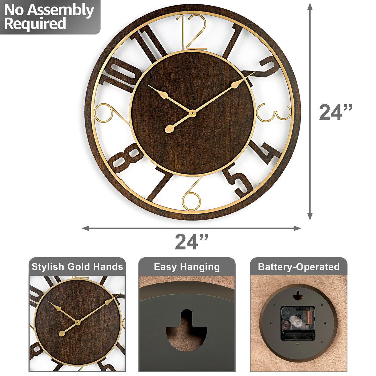 24 Inch Round Wooden Wall Clock, Modern Analog Clock with Numeral Design, Battery Operated