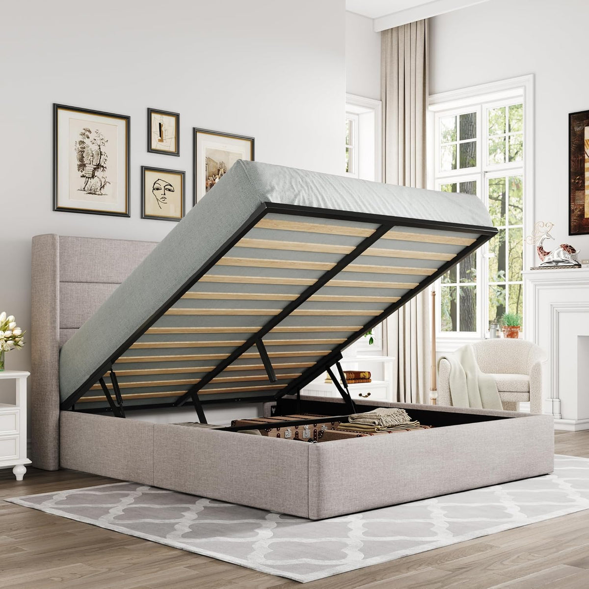 Queen Size Lift Up Storage Bed with Wingback Headboard, Upholstered Platform Bed Frame with Hidden Storage