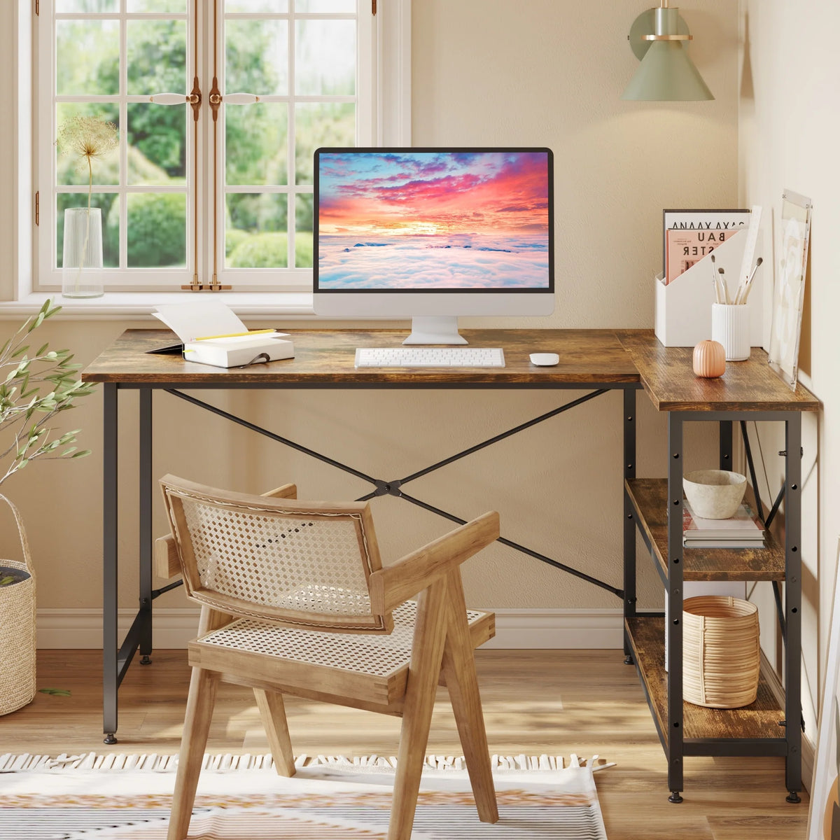 Small L Shaped Computer Desk with Storage Shelves, Compact Corner Workstation for Home Office and Study