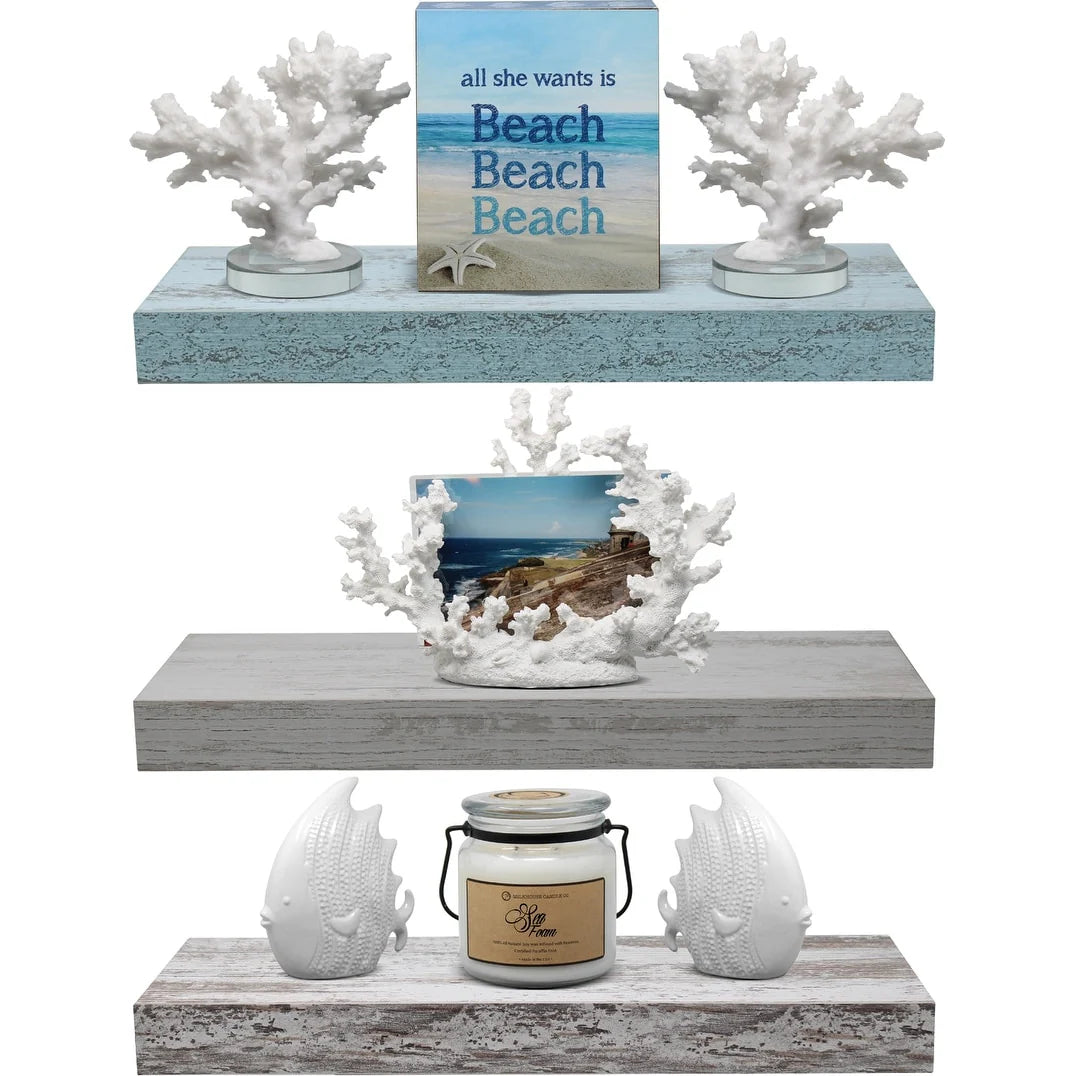 3-Pack Rustic Wood Floating Wall Shelves, Beach Style Hanging Display and Storage Shelves