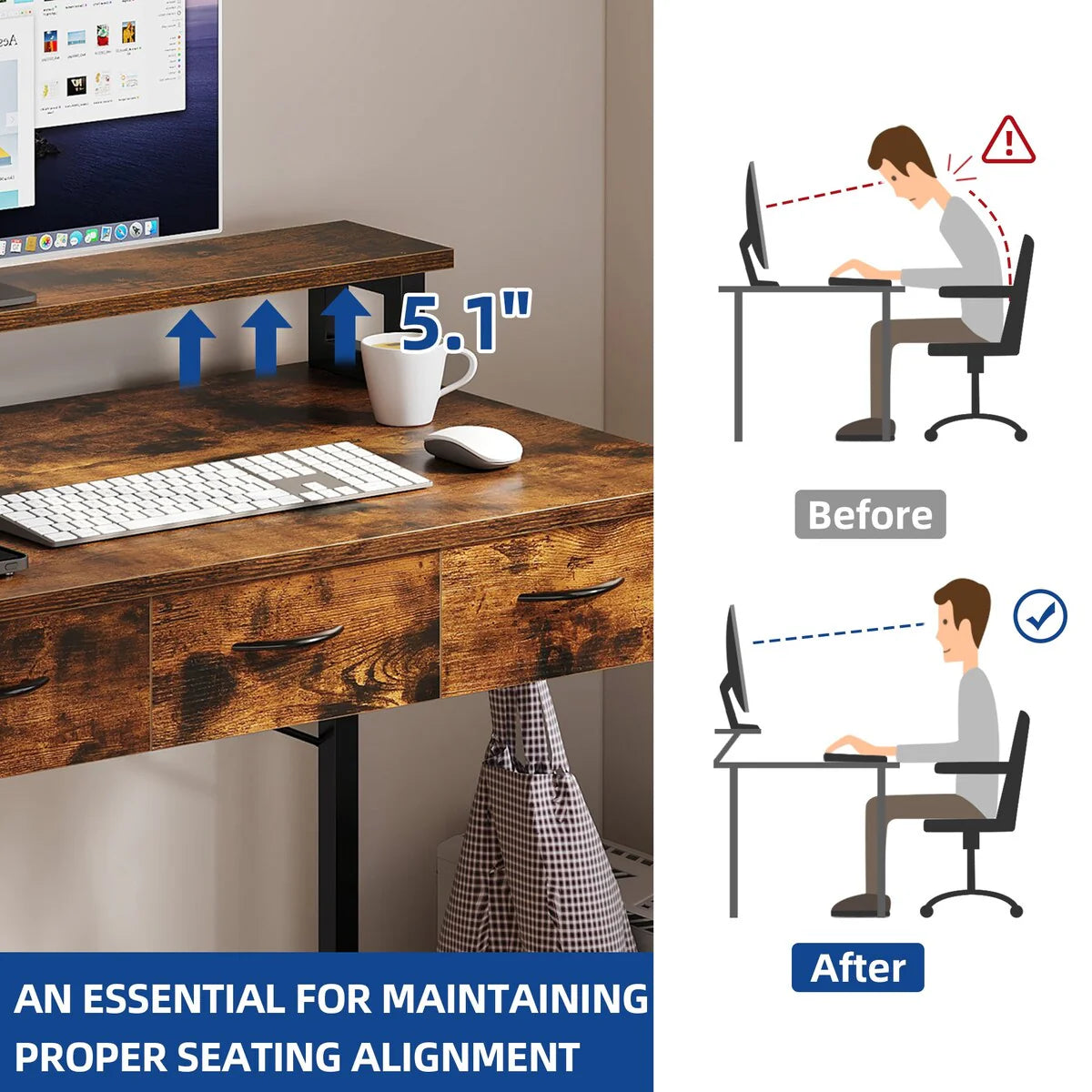 Small Computer Desk with Fabric Drawers and Monitor Stand, Compact Home Office Workstation for Small Spaces