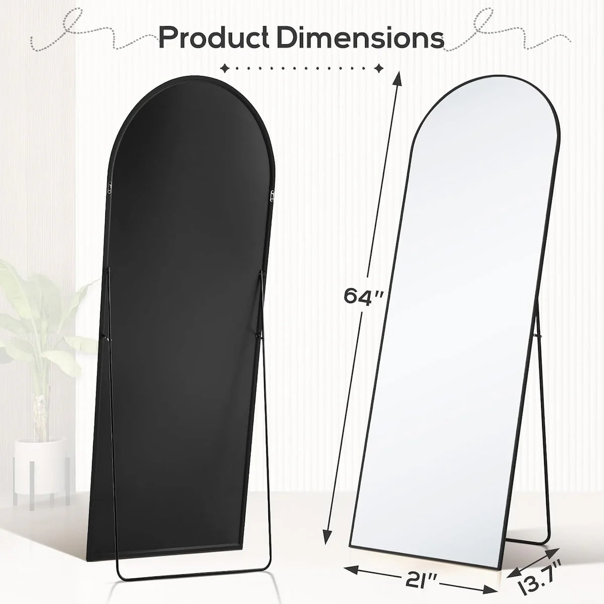 21x64 Arched Full-Length Mirror �� Shatter-Proof Glass with Aluminum Alloy Stand
