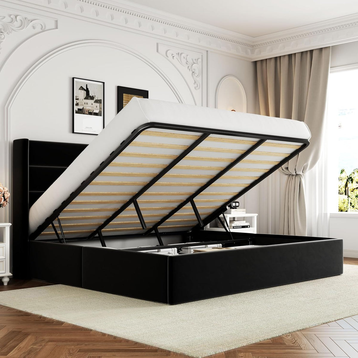 Queen Size Lift Up Storage Bed with Wingback Headboard, Upholstered Platform Bed Frame with Hidden Storage