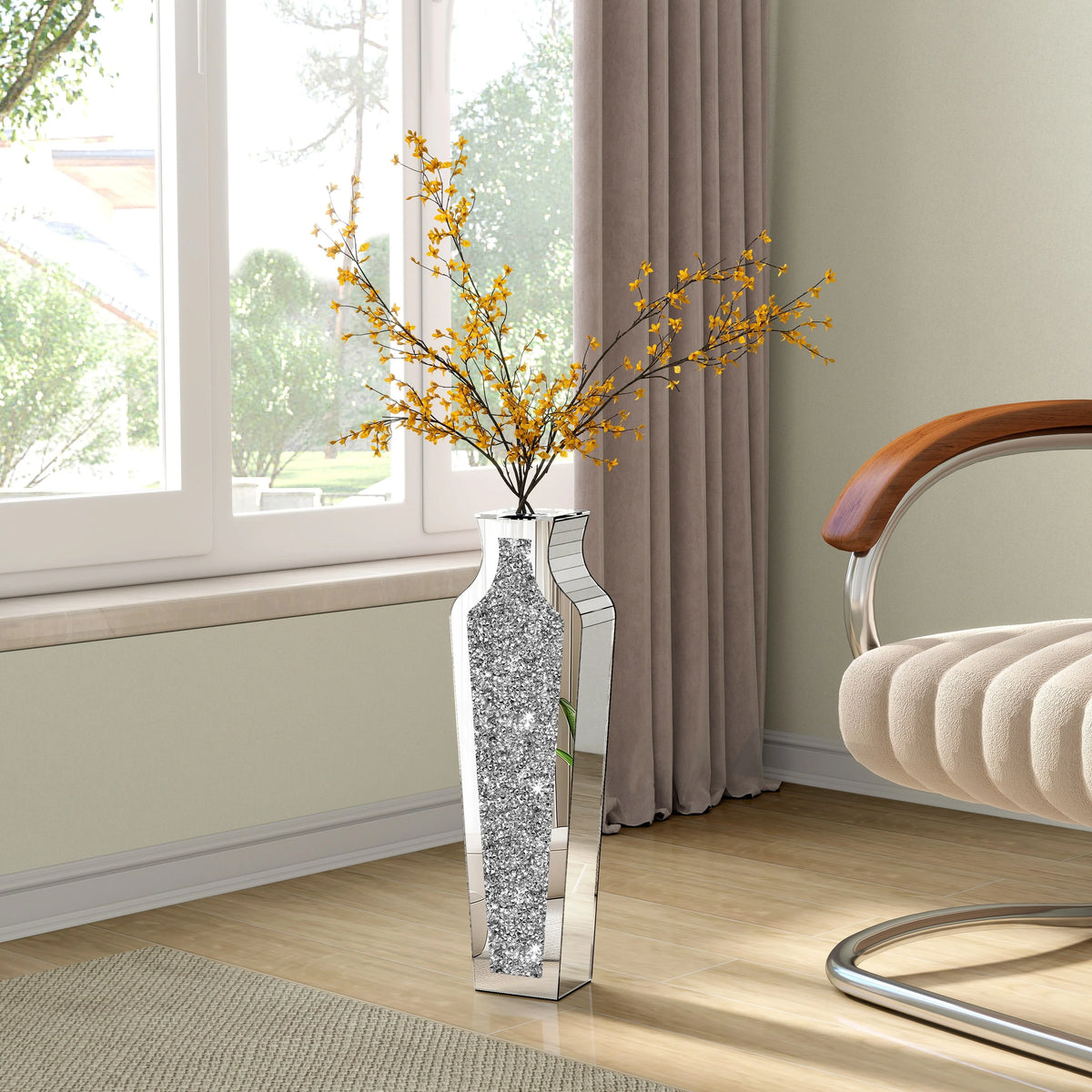 Tall Crushed Diamond Floor Vase, Luxury Decorative Crystal Accent Vase for Living Room, Bedroom and Home Decor