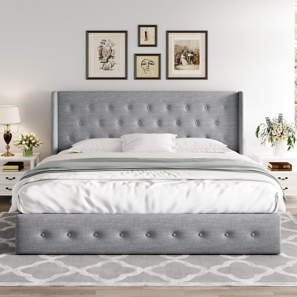 Queen Size Lift Up Storage Bed with Wingback Headboard, Upholstered Platform Bed Frame with Hidden Storage
