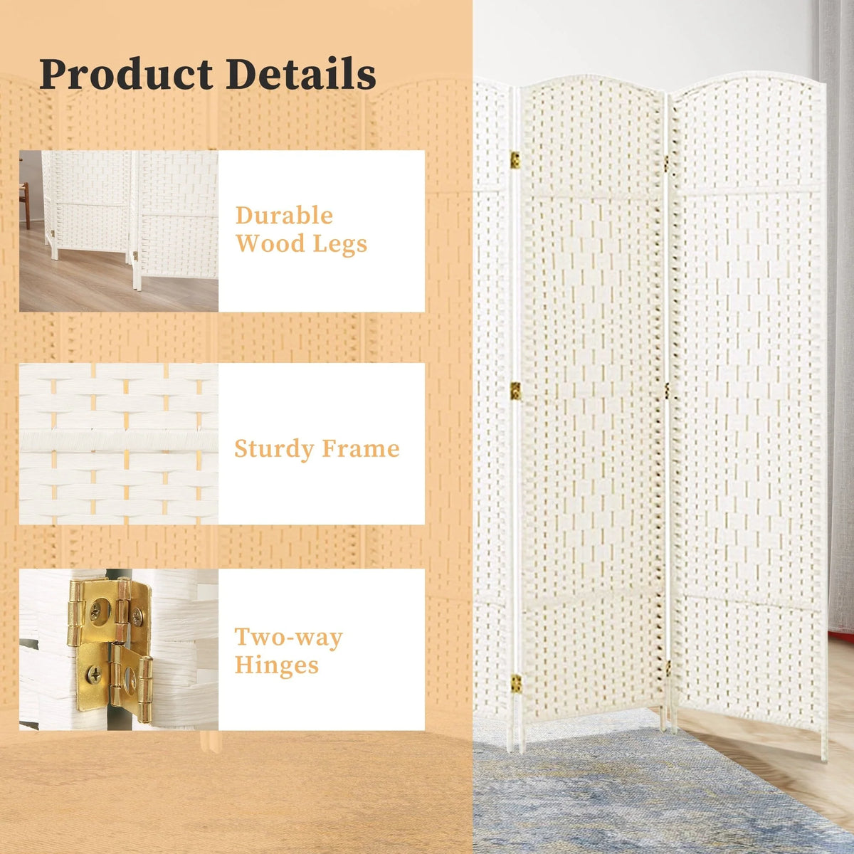 6 FT Tall Woven Fiber Room Divider, Freestanding Folding Privacy Screen