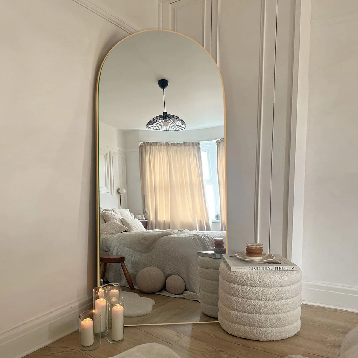 Arched Full Length Wood Floor Mirror, Full Body Standing and Wall Mounted Mirror for Bedroom, Living Room and Home Decor