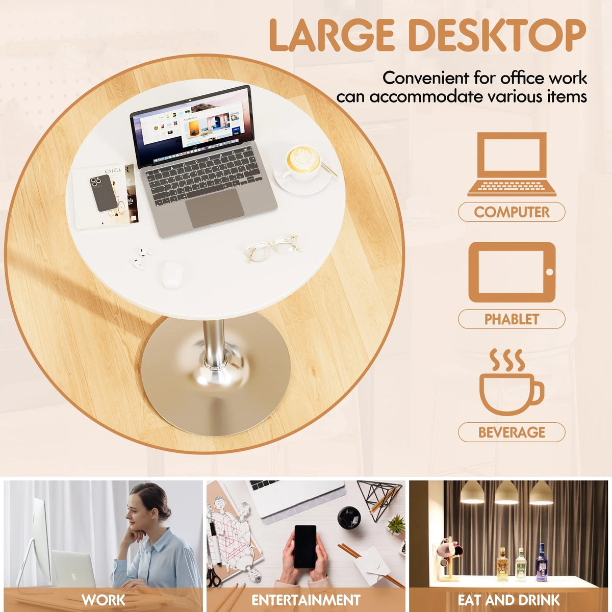 Round Bistro Pub Table, Bar Height Cocktail Table with Metal Base and MDF Top, 23.8 Inch