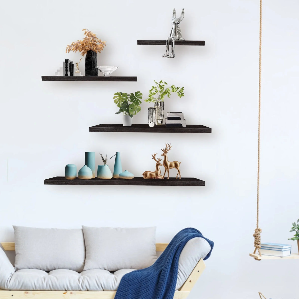 4-Piece Wood Floating Wall Shelves, White and Black Storage Shelf Set for Home Decor