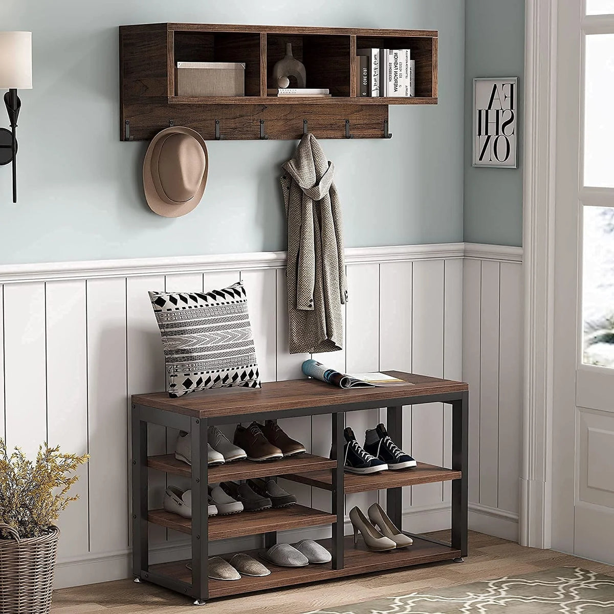 Entryway Coat Rack and Shoe Bench Set, Industrial Hall Tree with Coat and Shoe Storage
