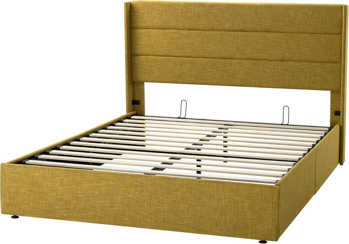 Queen Size Lift Up Storage Bed with Wingback Headboard, Upholstered Platform Bed Frame with Hidden Storage