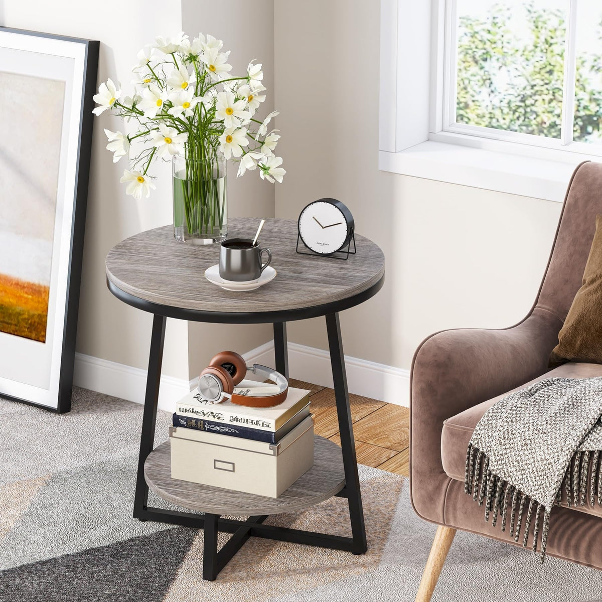 Industrial Round End Table, Small Side Table and Accent Coffee Table for Living Room and Bedroom