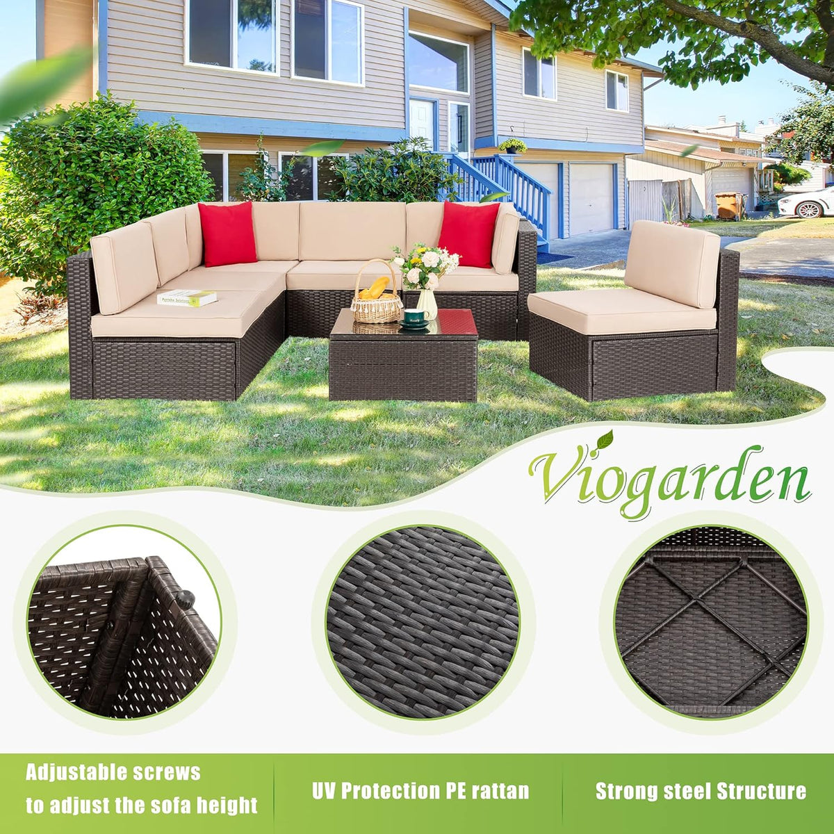 5-Piece All-Weather Patio Furniture Set with Ottoman, Outdoor Wicker Conversation Sofa Set with Cushions for Garden, Deck & Backyard