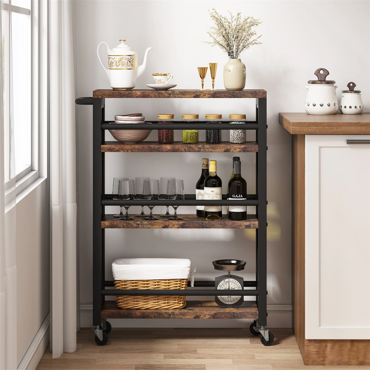 Brown 4-Tier Rolling Kitchen Storage Cart, Narrow Slim Utility Trolley with Wheels and Handle