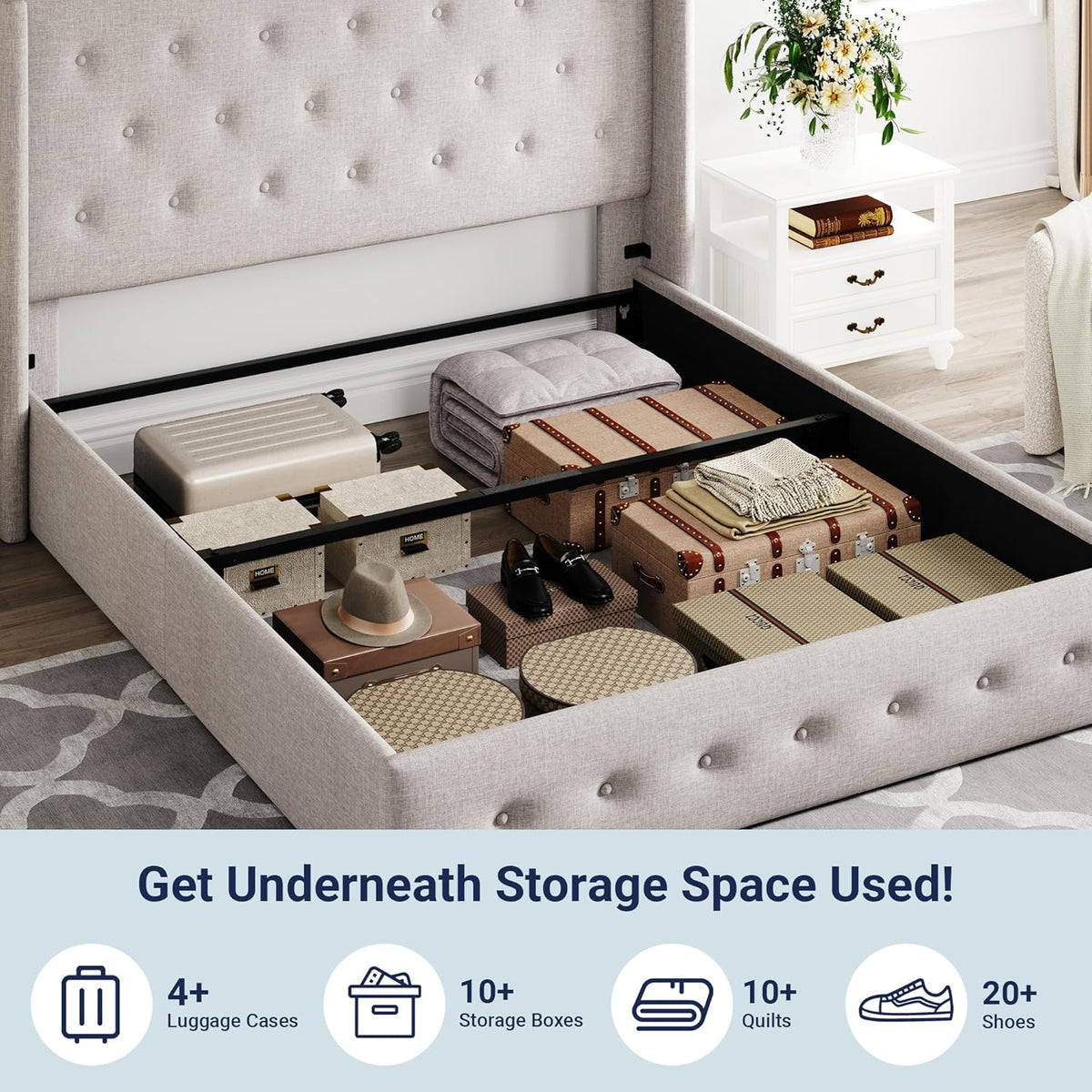 Queen Size Lift Up Storage Bed with Wingback Headboard, Upholstered Platform Bed Frame with Hidden Storage