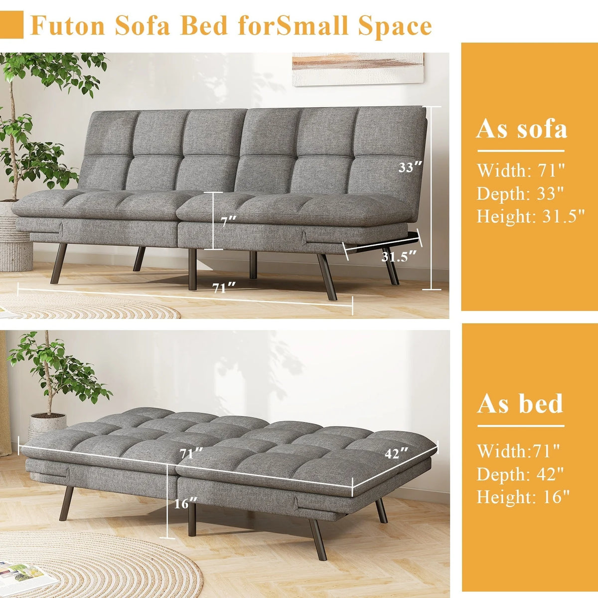 Convertible Futon Sofa Bed with Memory Foam, Foldable Loveseat Sleeper with Adjustable Armrests