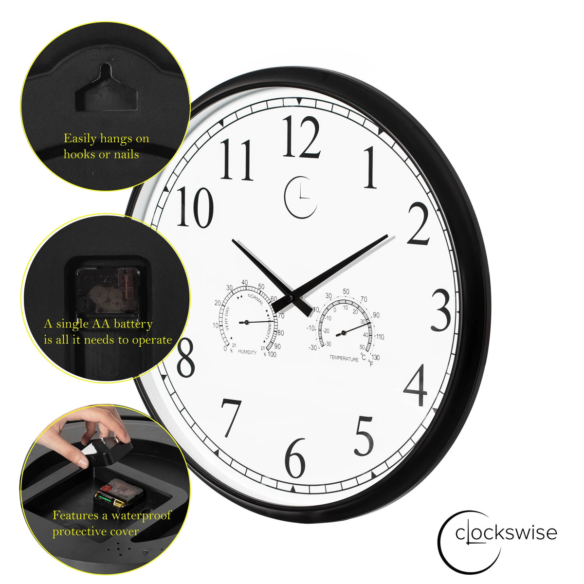Large Outdoor Wall Clock with Thermometer, Waterproof Silent Garden Weather Station, Black