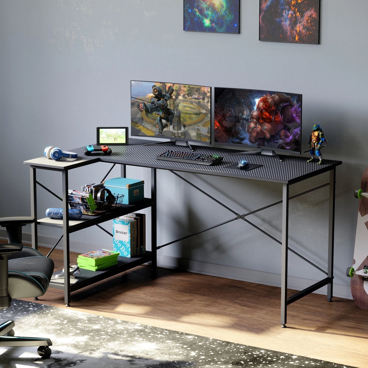 Small L Shaped Computer Desk with Storage Shelves, Compact Corner Workstation for Home Office and Study