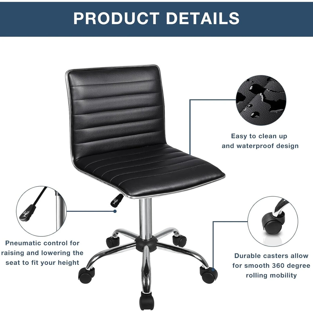 Adjustable Mid-Back Armless Swivel Office Chair, Ribbed Task and Vanity Chair for Small Spaces