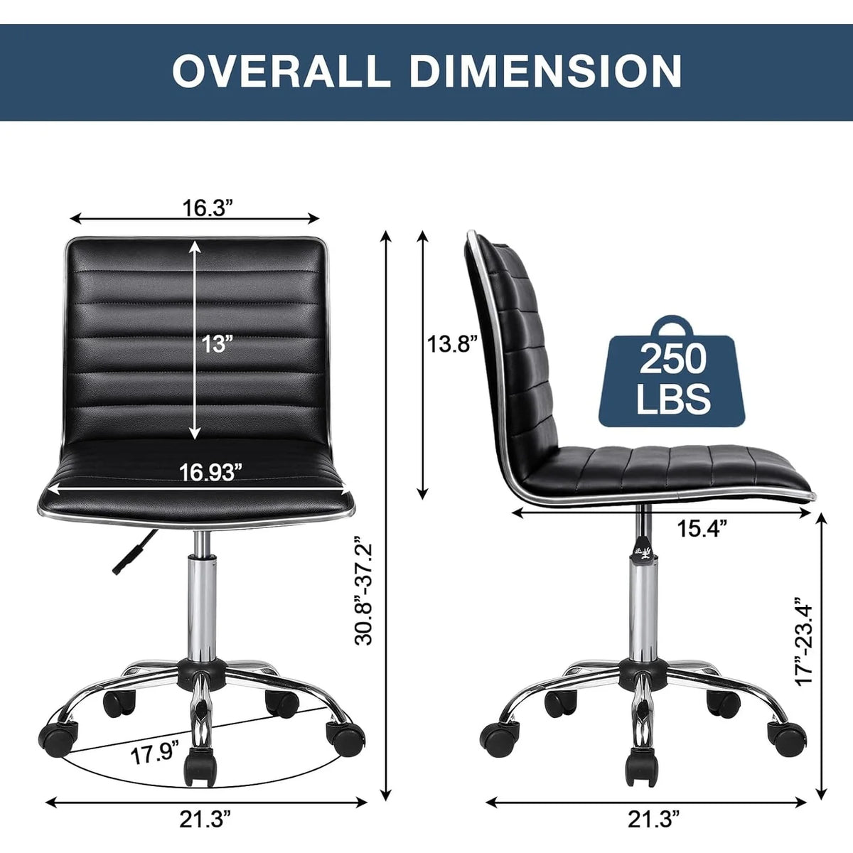 Adjustable Mid-Back Armless Swivel Office Chair, Ribbed Task and Vanity Chair for Small Spaces