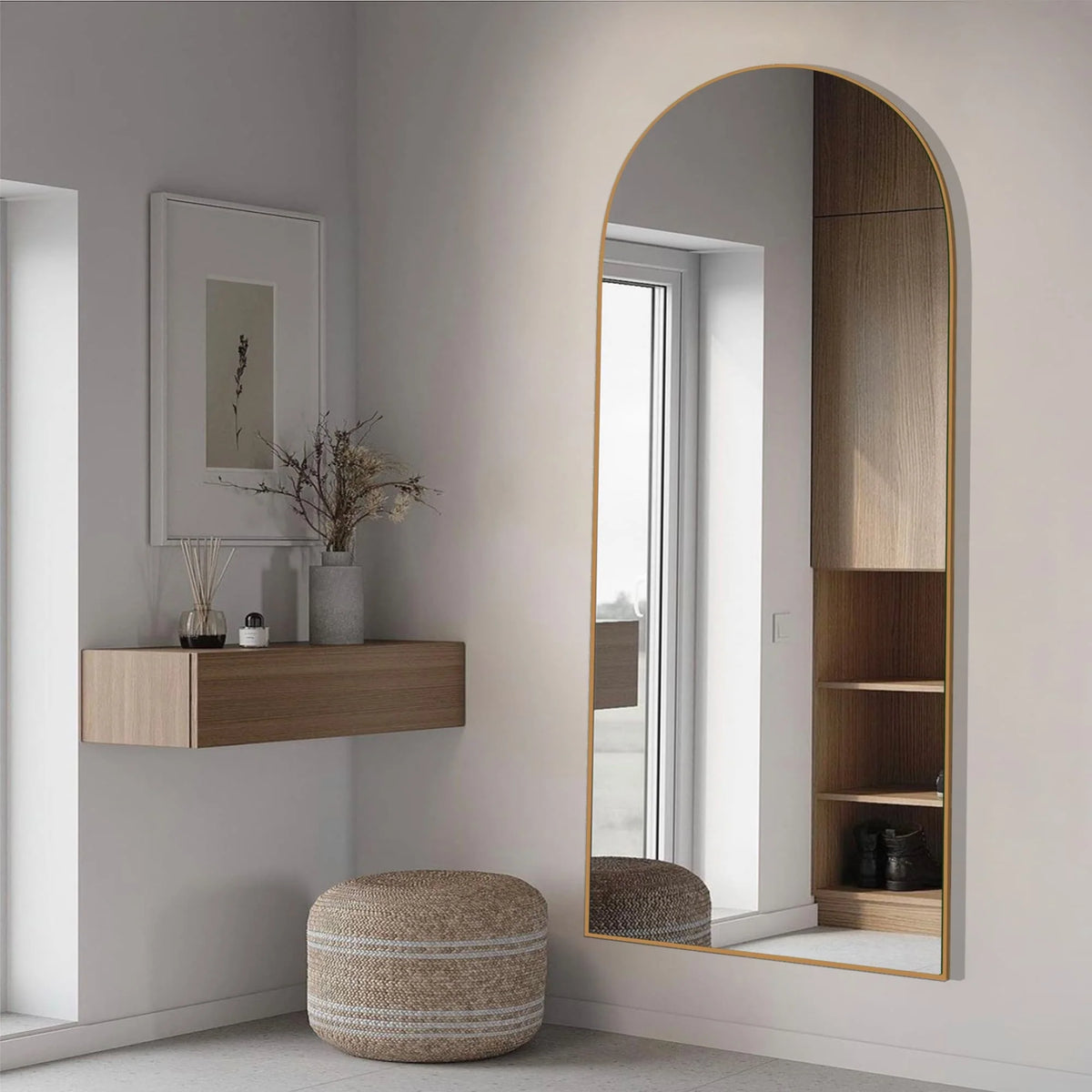 Arched Full Length Wood Floor Mirror, Full Body Standing and Wall Mounted Mirror for Bedroom, Living Room and Home Decor