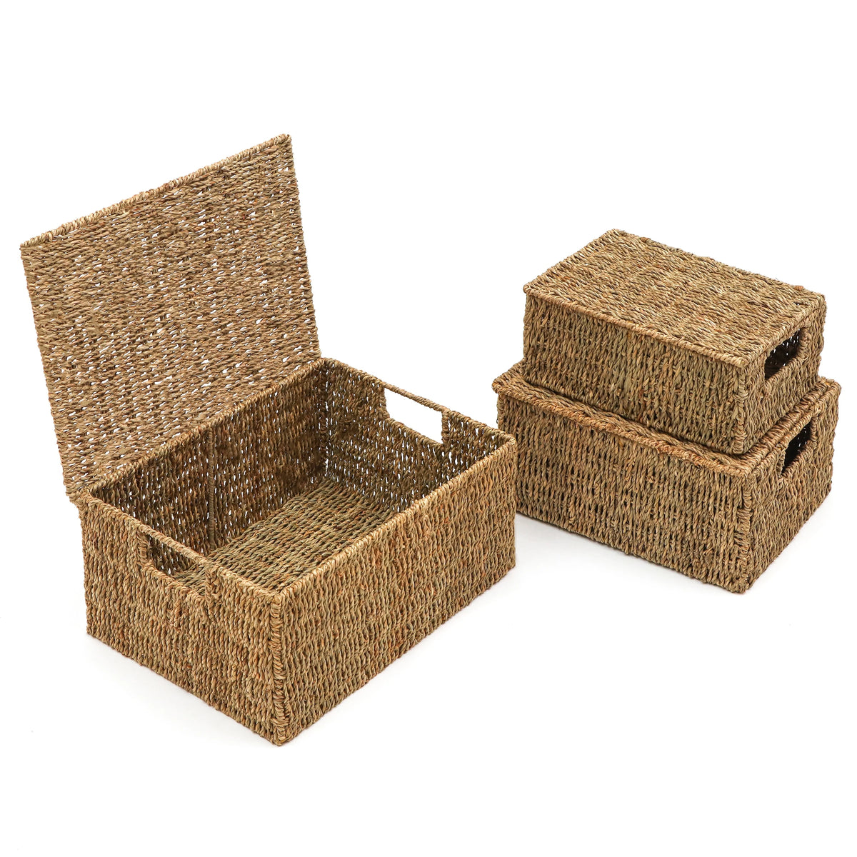 Set of 3 Small Rectangular Seagrass Baskets with Lids, Woven Storage Baskets