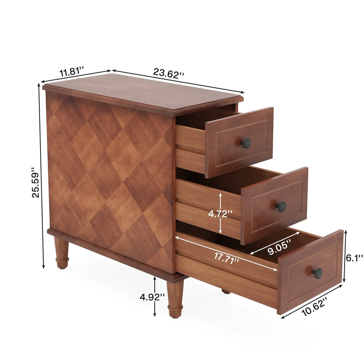 Fully Assembled Narrow End Table, Solid Wood Side Table with 3 Drawers, Vintage Nightstand for Small Spaces