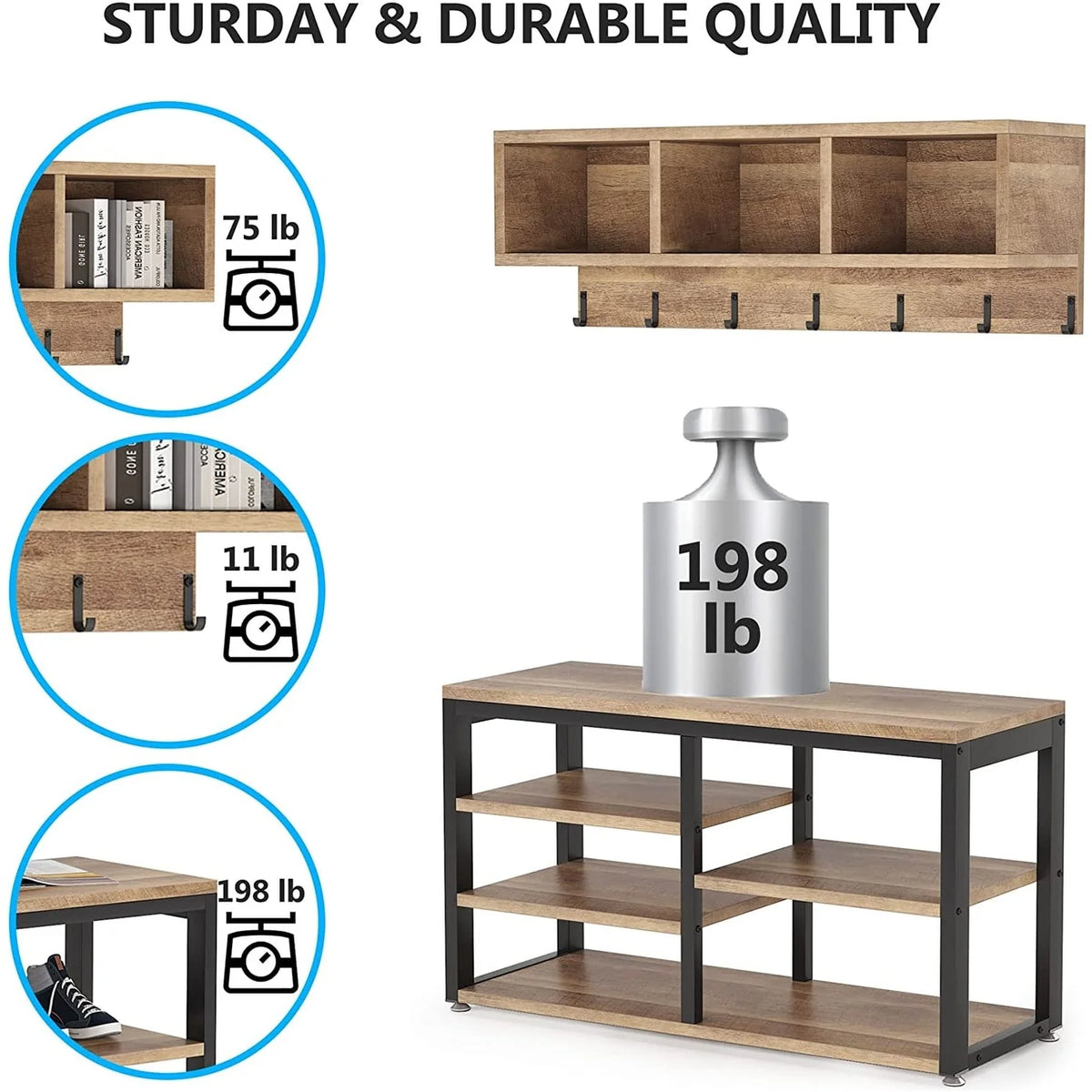 Entryway Coat Rack and Shoe Bench Set, Industrial Hall Tree with Coat and Shoe Storage
