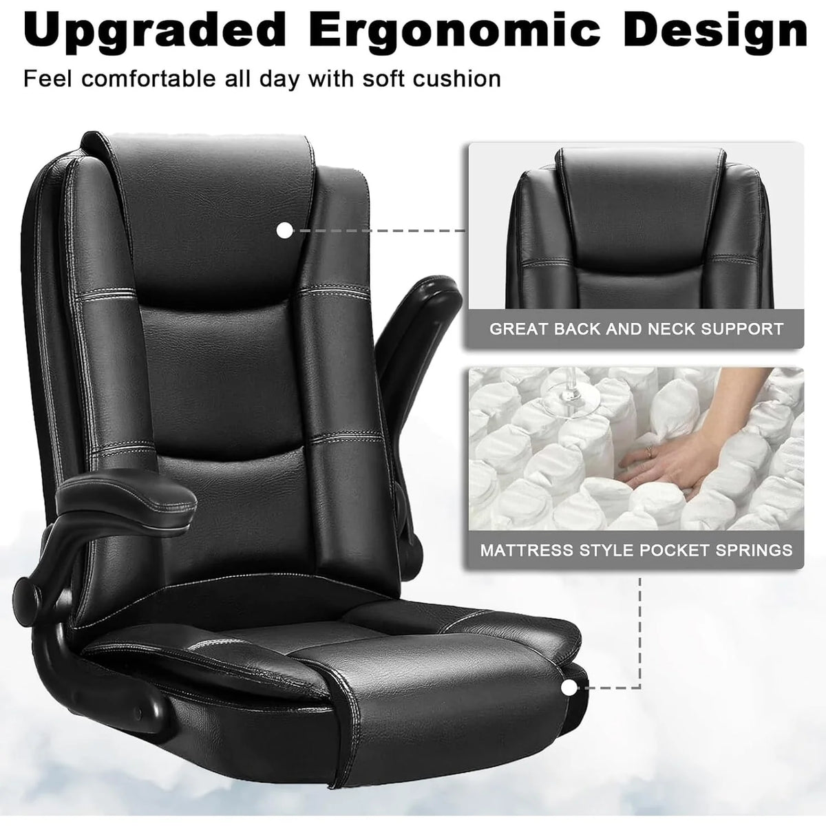 Big and Tall Ergonomic Office Chair, High Back Leather Executive Computer Chair with Padded Flip-Up Arms